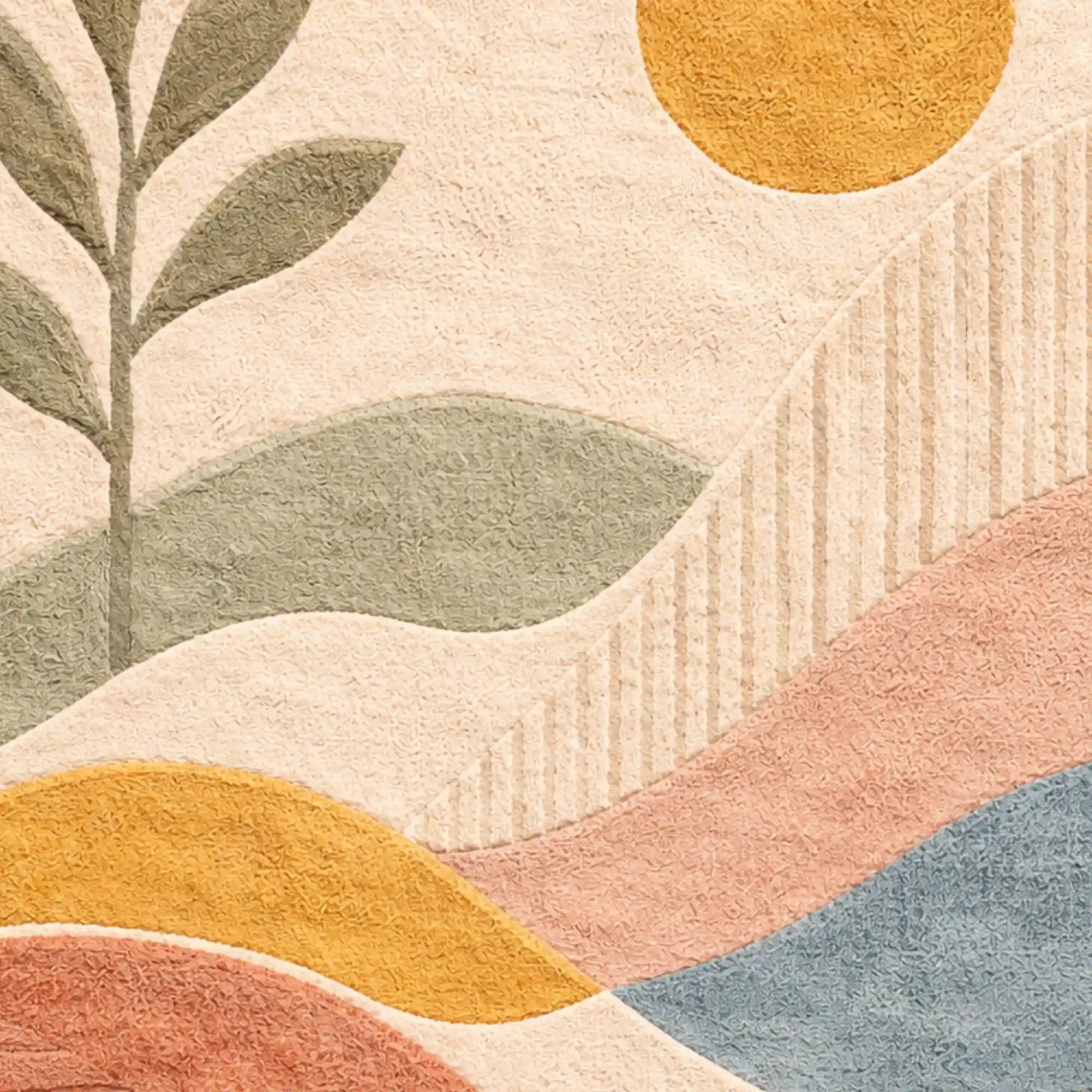 Abstract textured rug pattern with organic wavy shapes in cream, blush pink, mustard yellow, sage green, and soft blue.