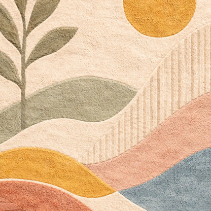 Abstract textured rug pattern with organic wavy shapes in cream, blush pink, mustard yellow, sage green, and soft blue.
