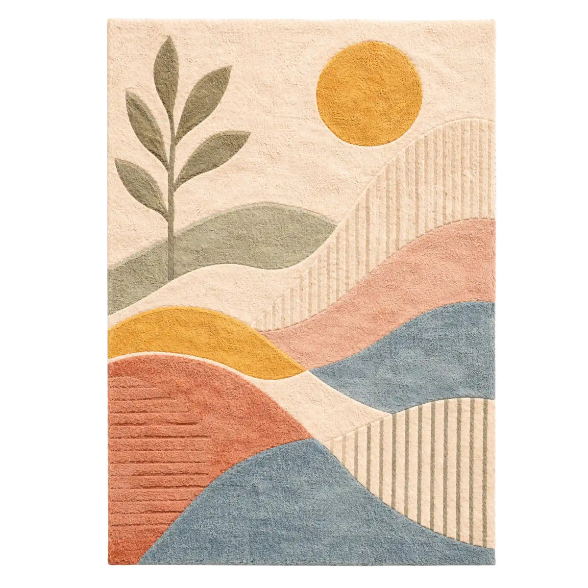 A rectangular area rug with a modern abstract landscape design featuring wavy hills, a stylized tree, a sun, and textured vertical stripe patterns in muted beige, blue, pink, yellow, and green tones.