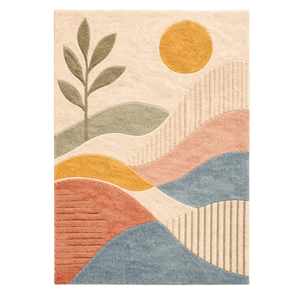 A rectangular area rug with a modern abstract landscape design featuring wavy hills, a stylized tree, a sun, and textured vertical stripe patterns in muted beige, blue, pink, yellow, and green tones.