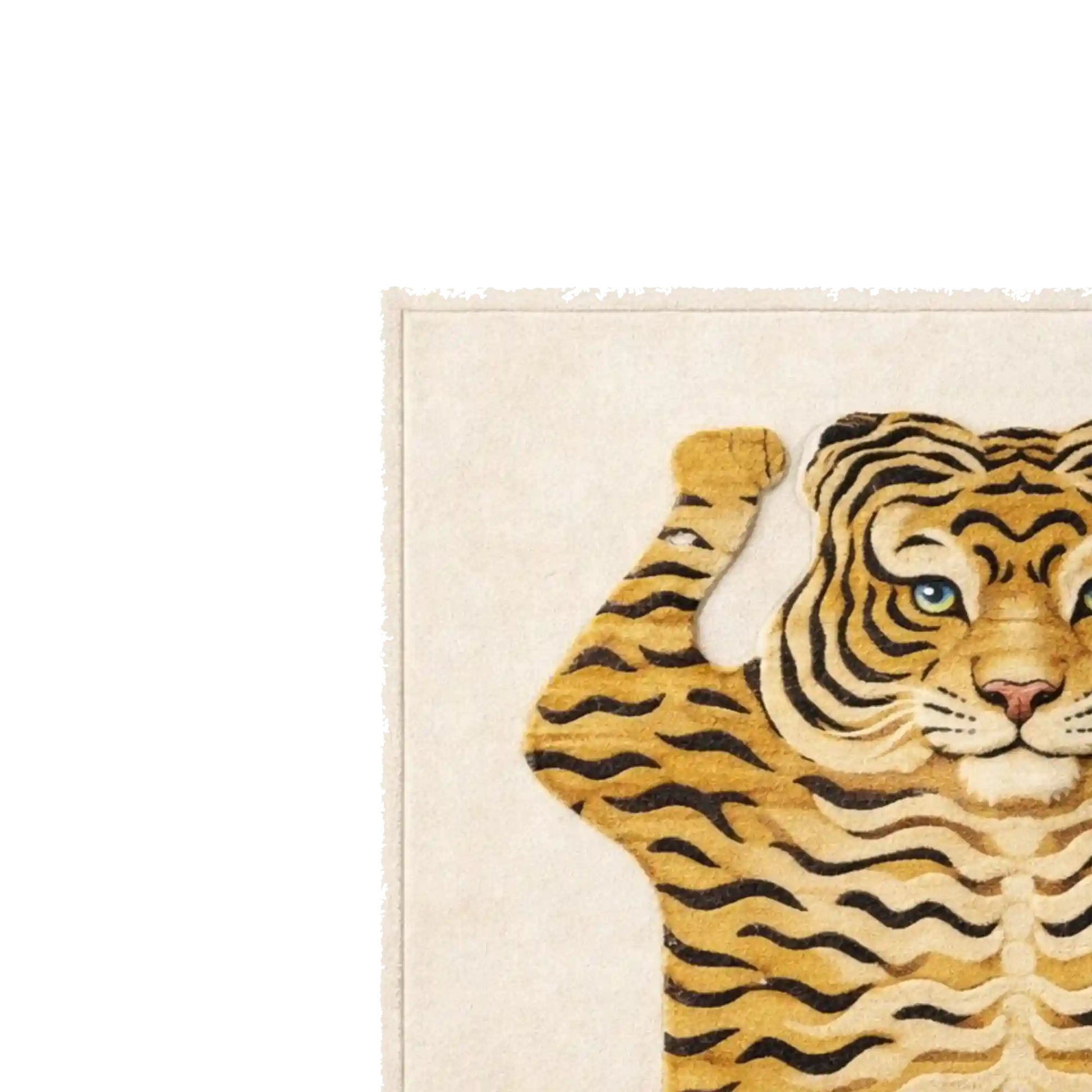 A close-up of a rug featuring a stylized tiger illustration on a cream background, with the rug corner visible against a white studio backdrop.
