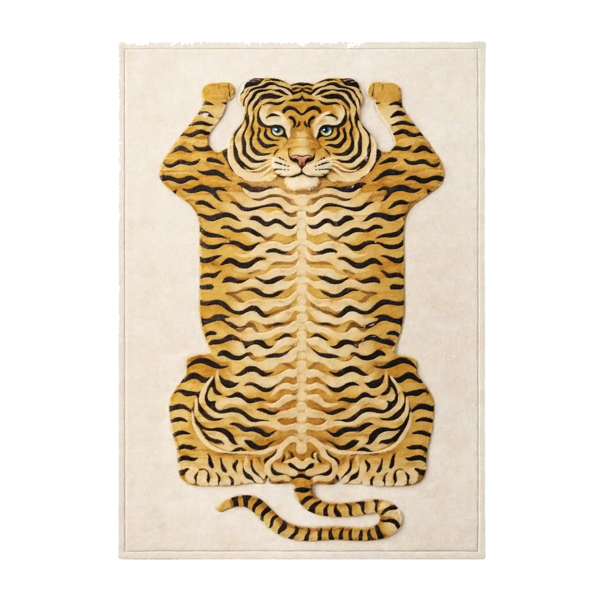 A rectangular area rug featuring a stylized tiger sitting upright with its paws over its ears, set against a light beige background.