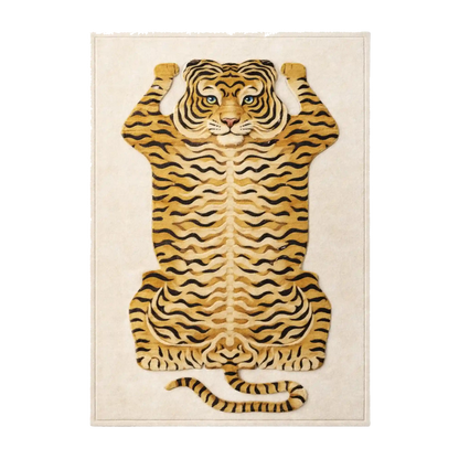 A rectangular area rug featuring a stylized tiger sitting upright with its paws over its ears, set against a light beige background.