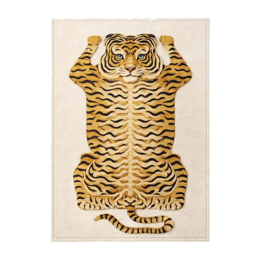Cream Tiger Shape Hand-Tufted Wool Area Rug