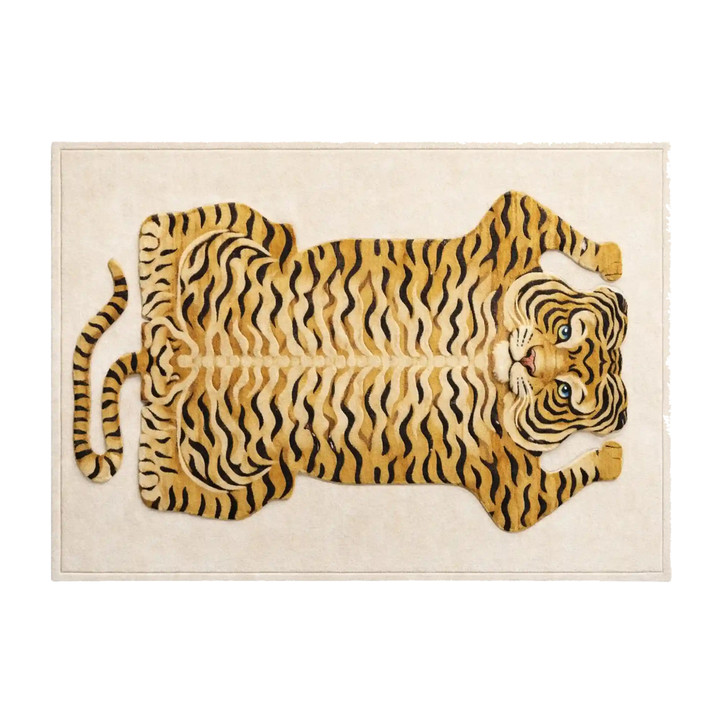 A rectangular area rug featuring a large stylized tiger design in golden yellow, black, and beige tones on a cream background.
