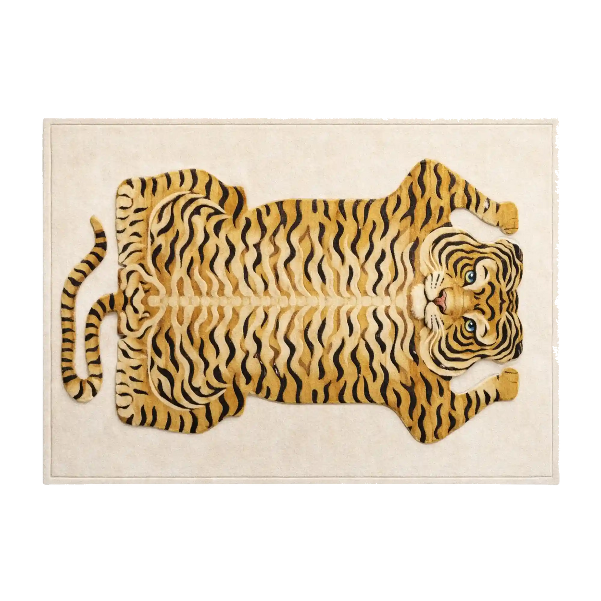 A rectangular area rug featuring a large stylized tiger design in golden yellow, black, and beige tones on a cream background.