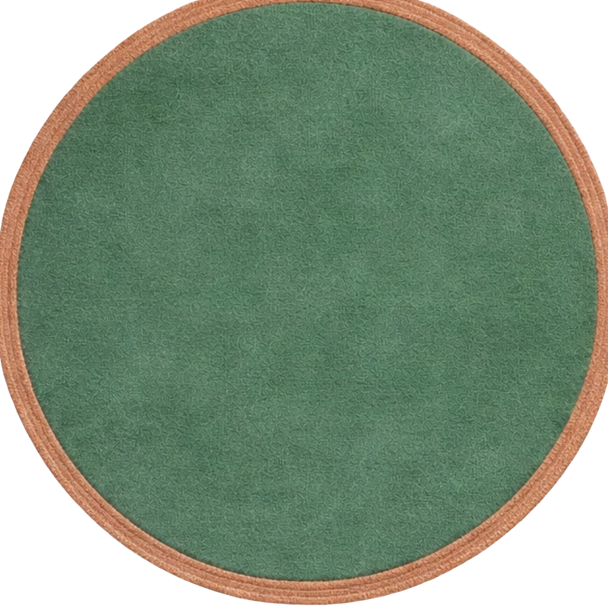 A round green rug with a textured, suede-like surface and a contrasting tan braided border, shown against a plain white background.