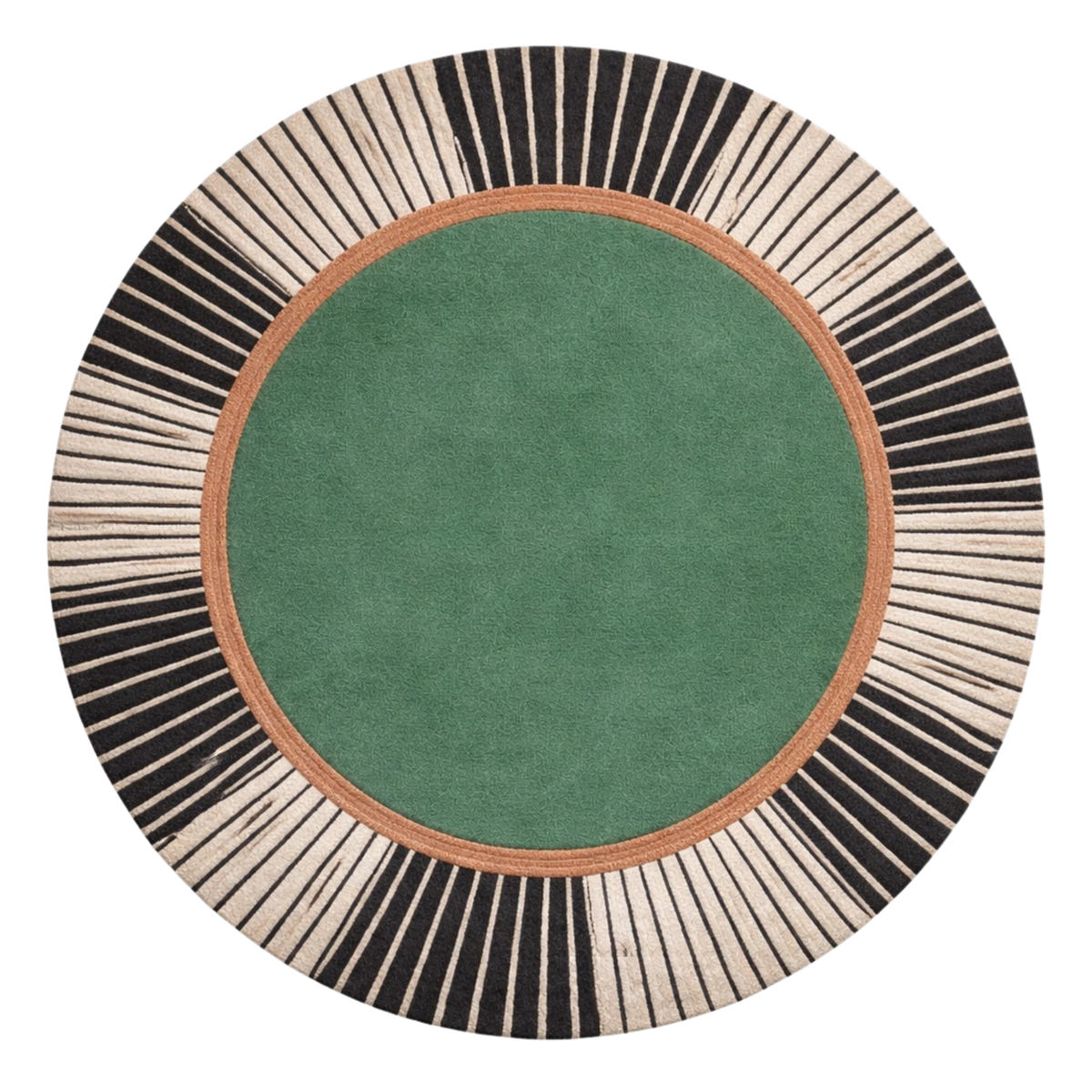 A round area rug with a solid green center, a tan inner border, and a wide outer ring of alternating black and cream radiating stripes, shown on a plain white background.