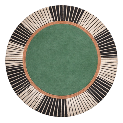 A round area rug with a solid green center, a tan inner border, and a wide outer ring of alternating black and cream radiating stripes, shown on a plain white background.
