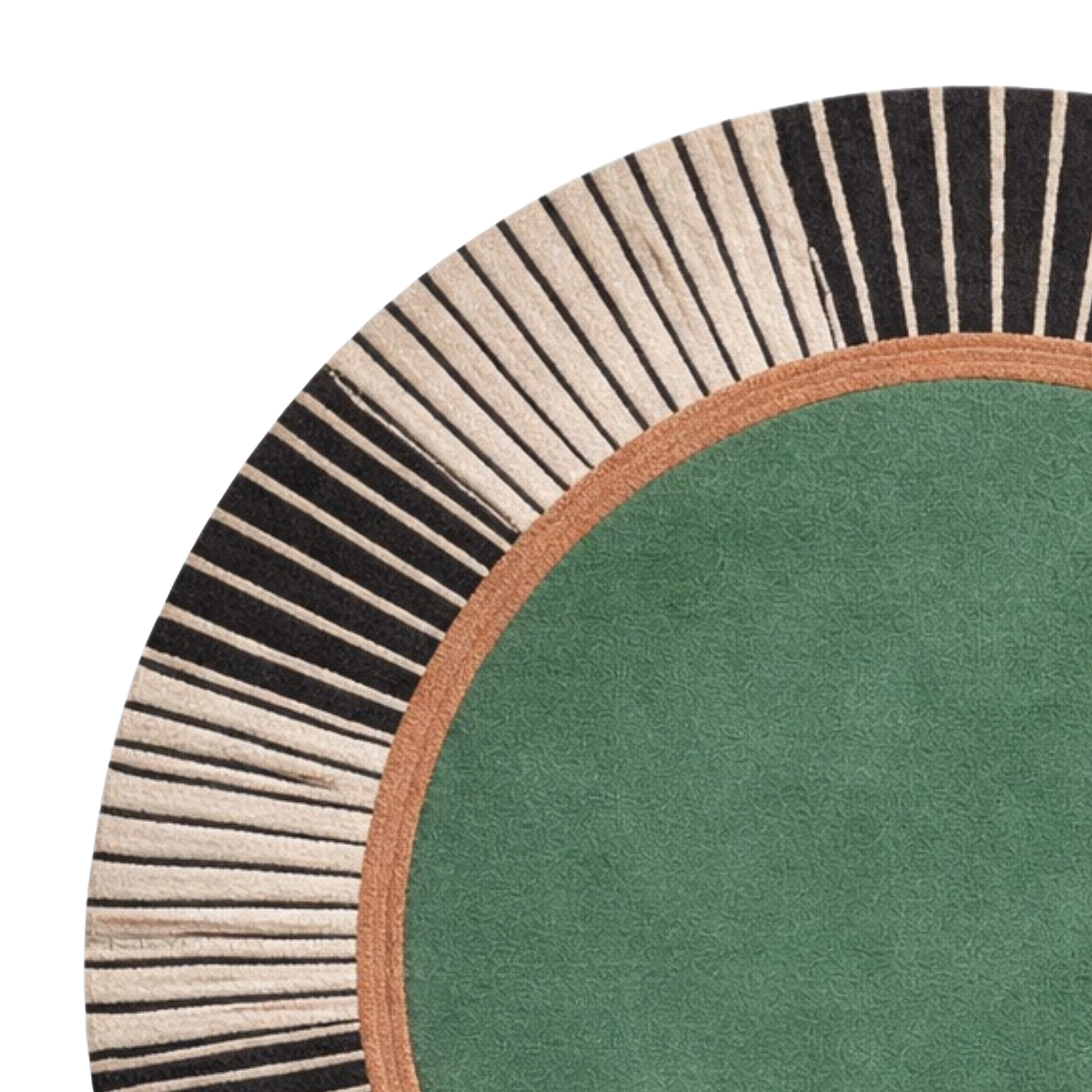 Close-up of a round rug showing a solid green center and a radiating striped border in black, beige, and white, with a tan rope edge.
