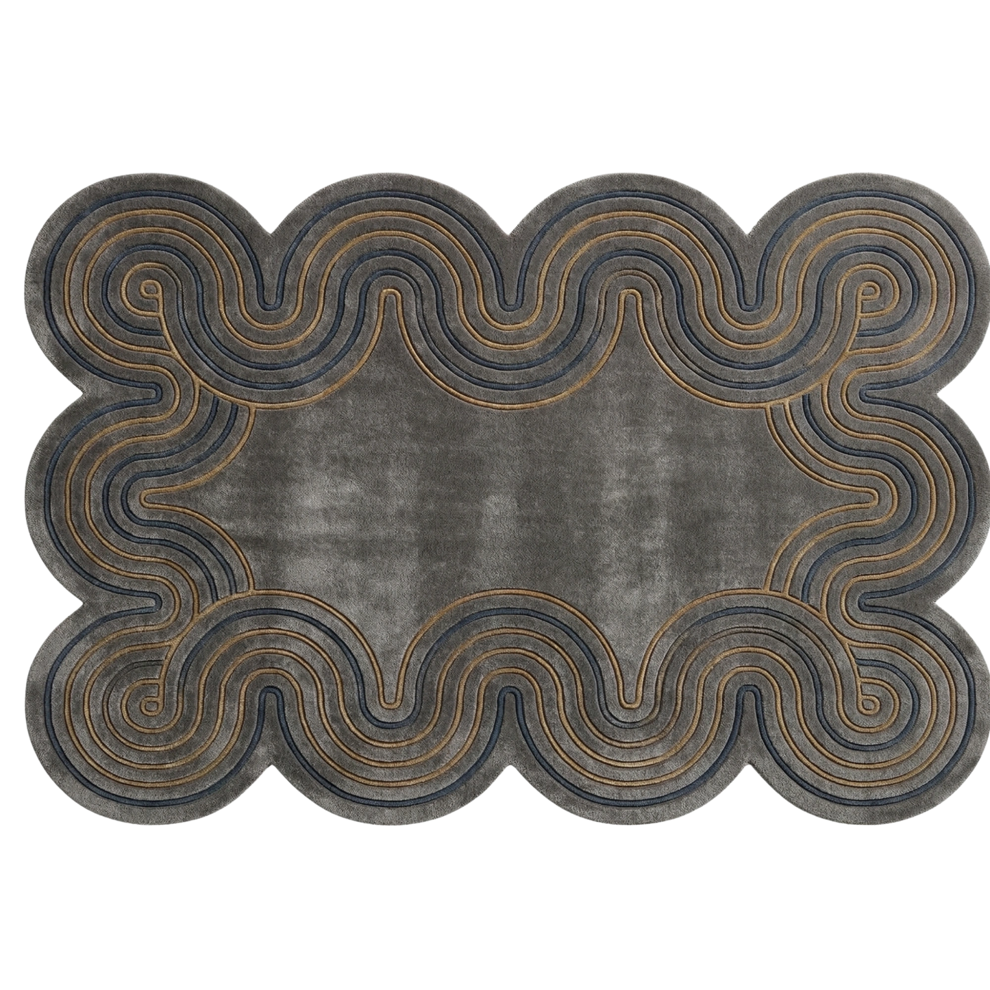 A rectangular area rug with scalloped edges, featuring a textured dark gray center surrounded by concentric wavy lines in charcoal and metallic gold.