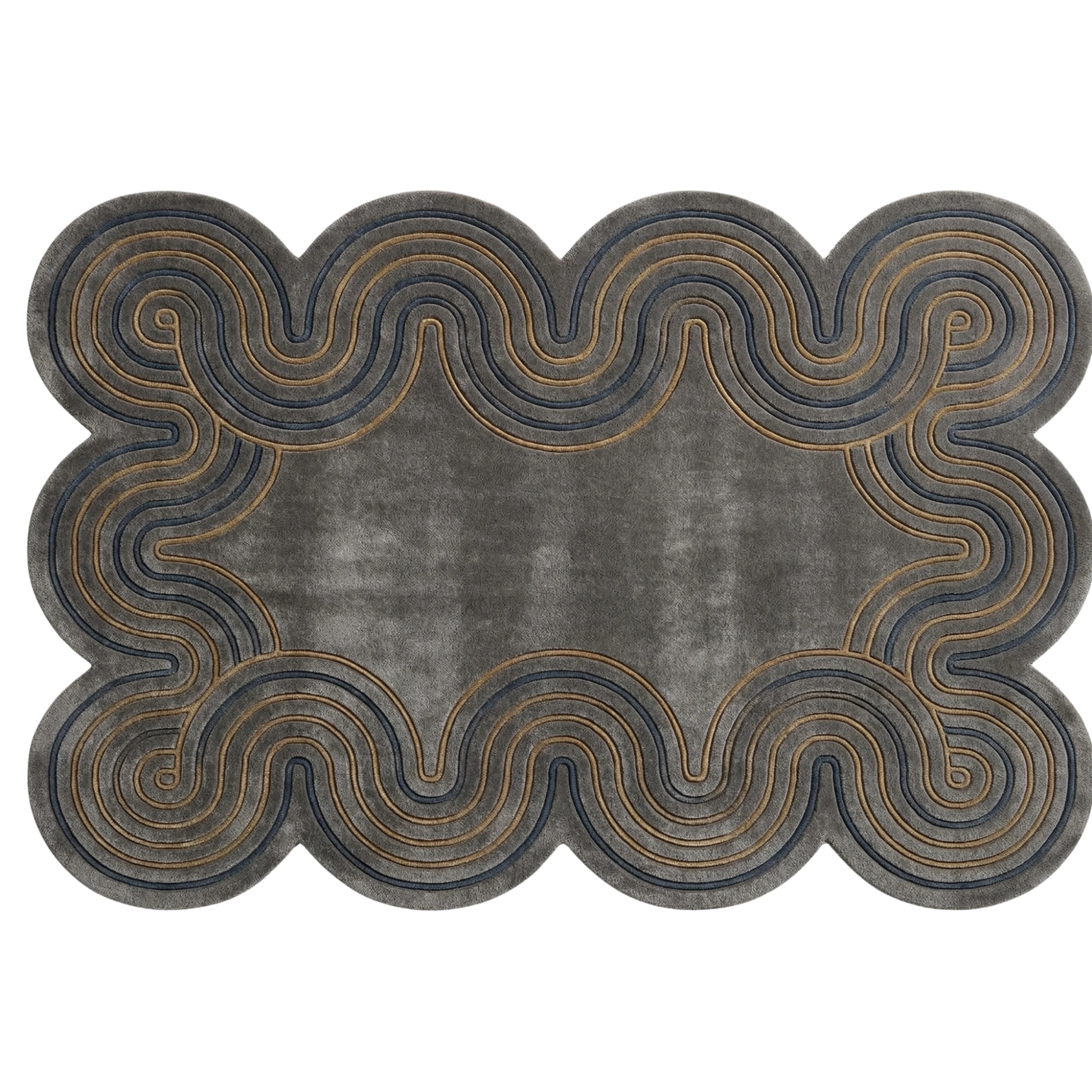 A rectangular area rug with scalloped edges, featuring a textured dark gray center surrounded by concentric wavy lines in charcoal and metallic gold.