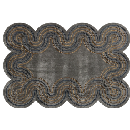 A rectangular area rug with scalloped edges, featuring a textured dark gray center surrounded by concentric wavy lines in charcoal and metallic gold.