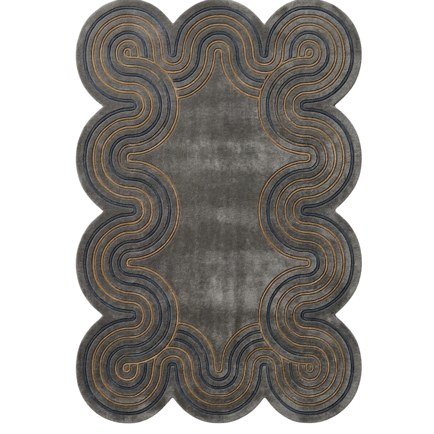 A rectangular area rug with scalloped edges and an abstract wavy pattern in charcoal gray, dark blue-gray, and metallic gold.