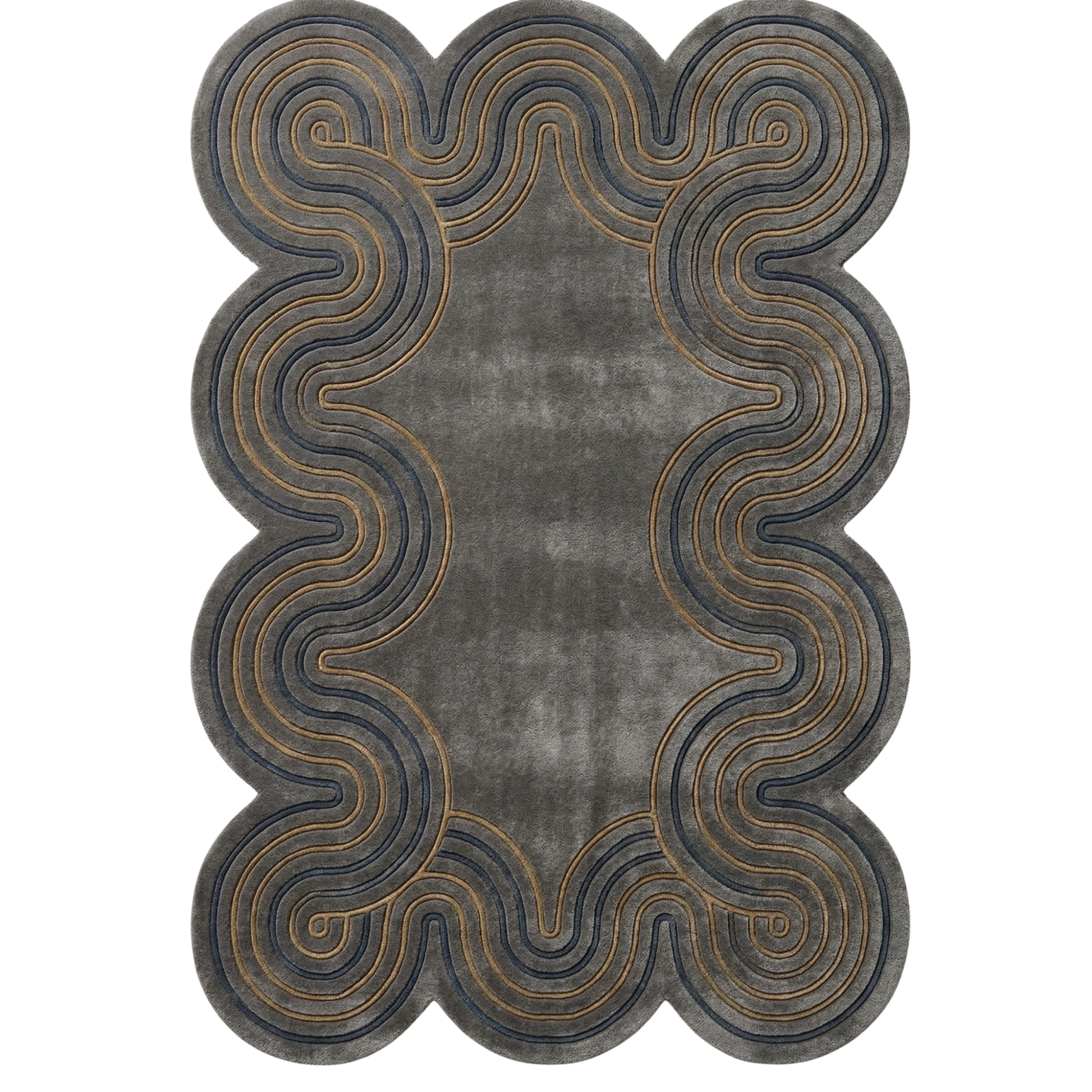 A rectangular area rug with scalloped edges and an abstract wavy pattern in charcoal gray, dark blue-gray, and metallic gold.