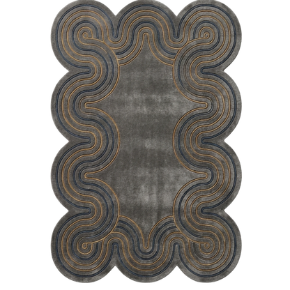 A rectangular area rug with scalloped edges and an abstract wavy pattern in charcoal gray, dark blue-gray, and metallic gold.