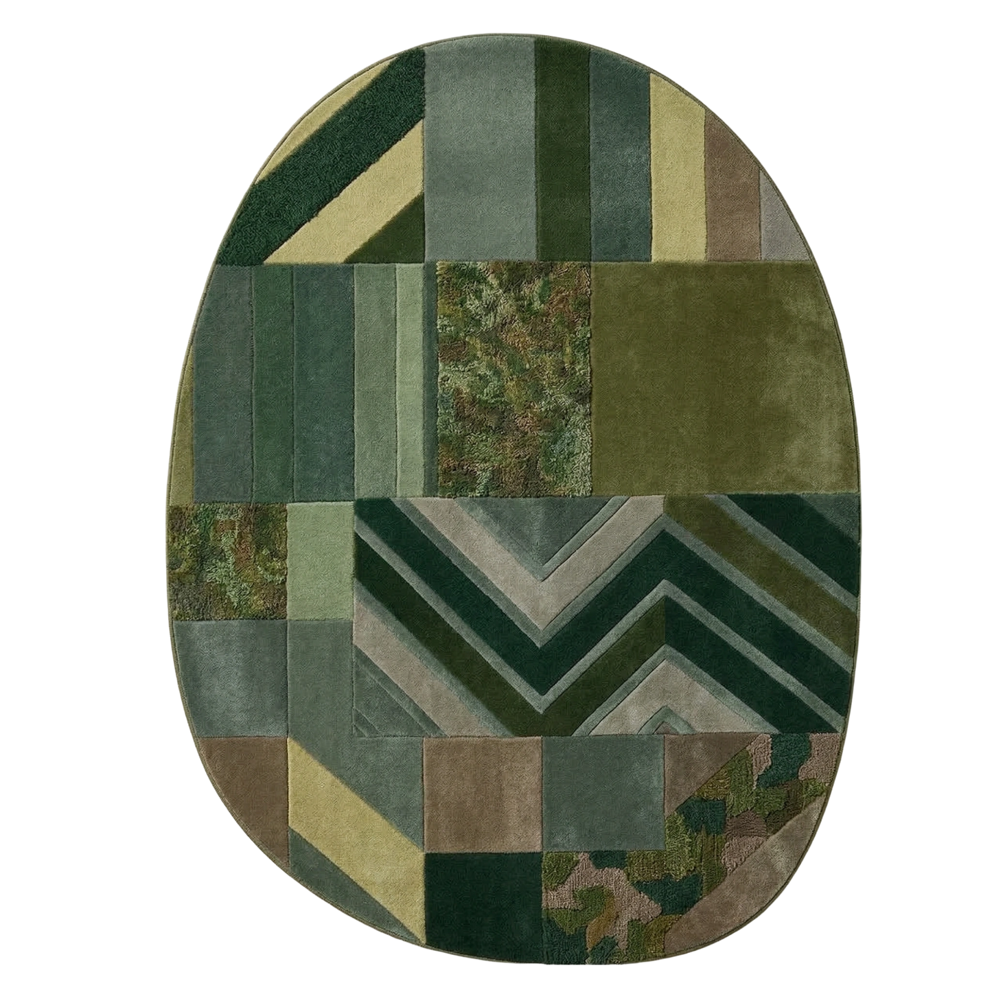 Green geometric patchwork hand-tufted wool area rug with oval shape and mixed patterns