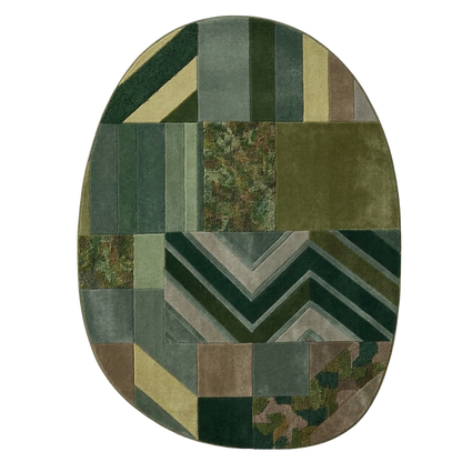 Green geometric patchwork hand-tufted wool area rug with oval shape and mixed patterns