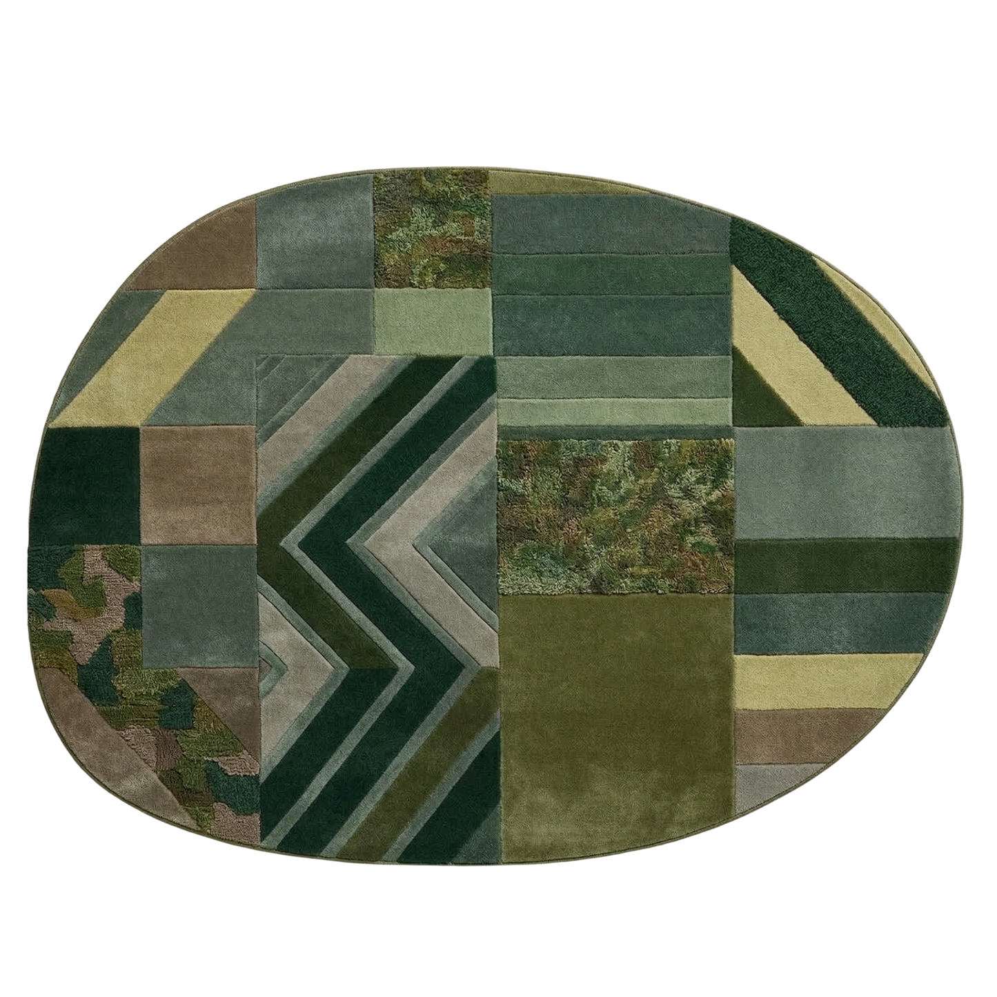 Modern green wool rug with chevron stripes, textured panels, and geometric design