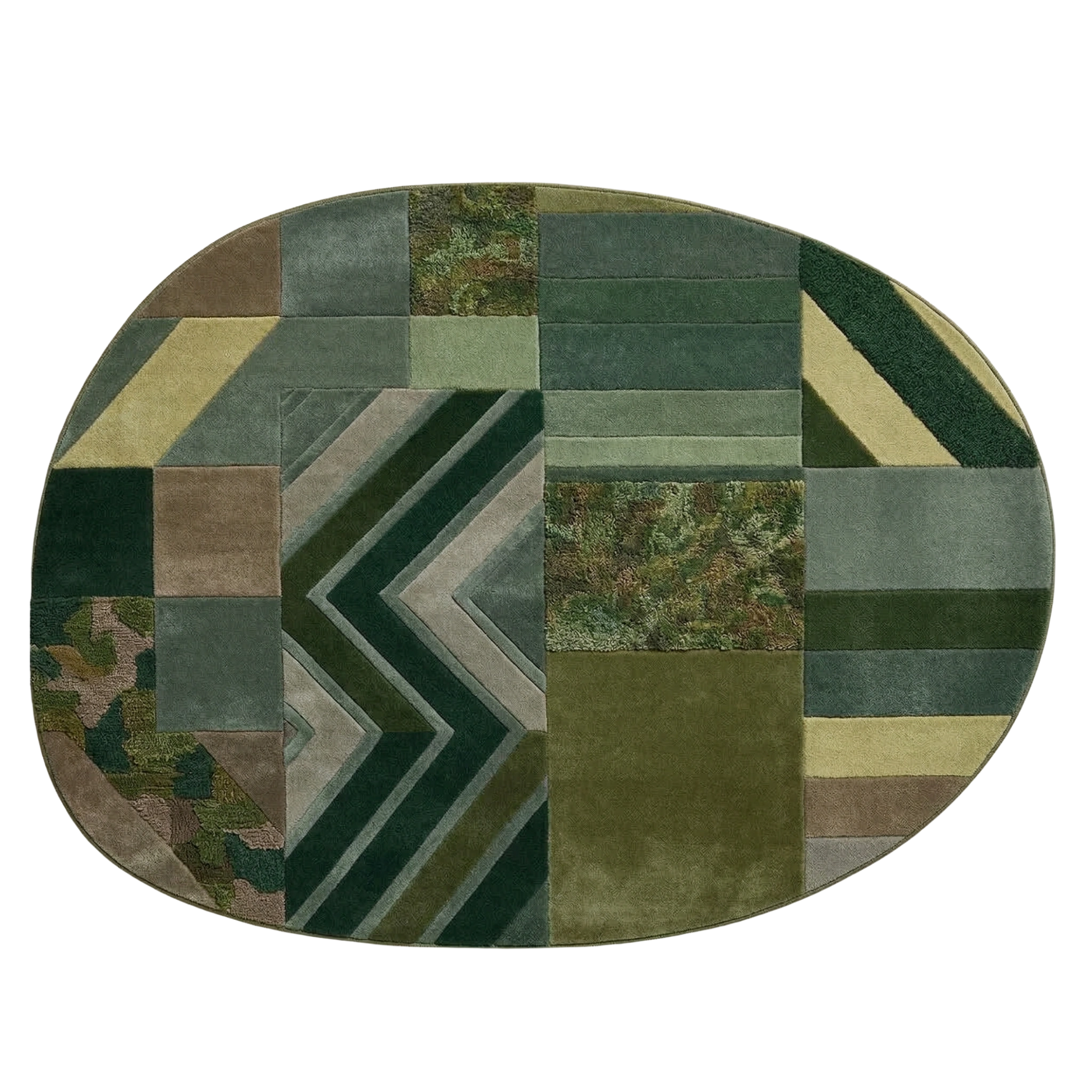 Modern green wool rug with chevron stripes, textured panels, and geometric design