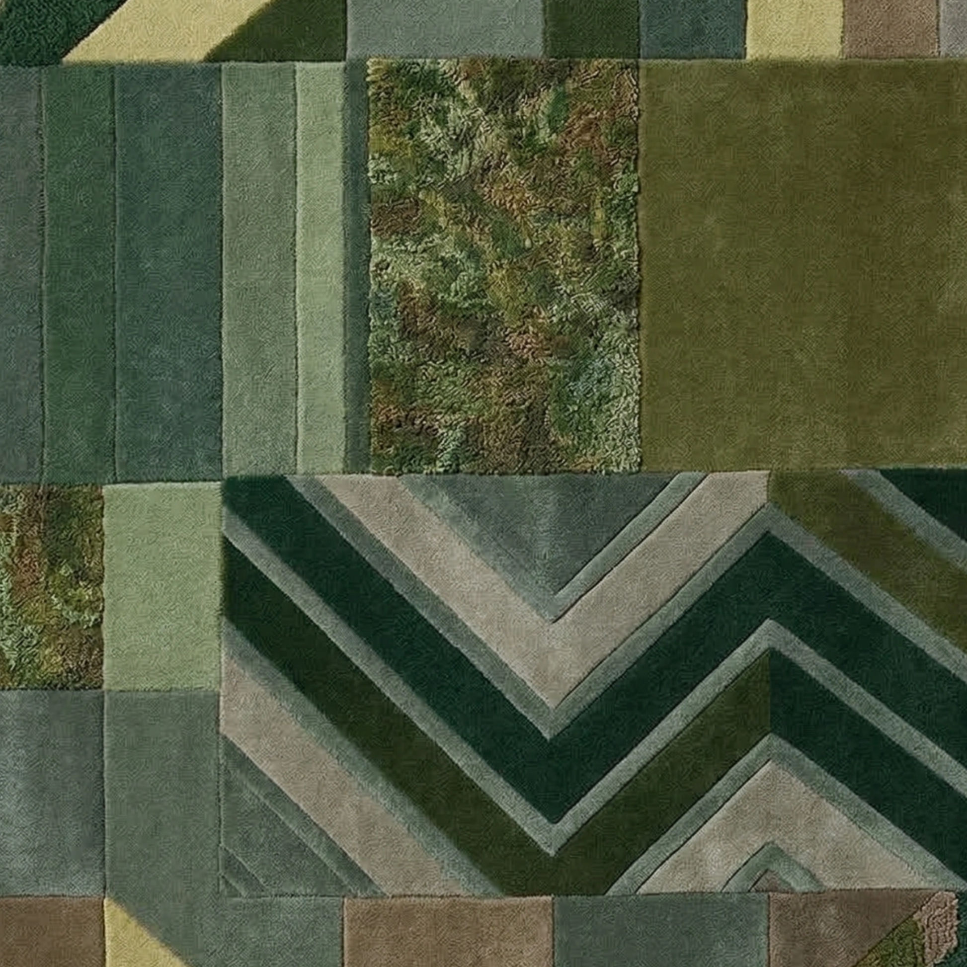 Oval hand-tufted wool rug with layered green tones and abstract geometric layout