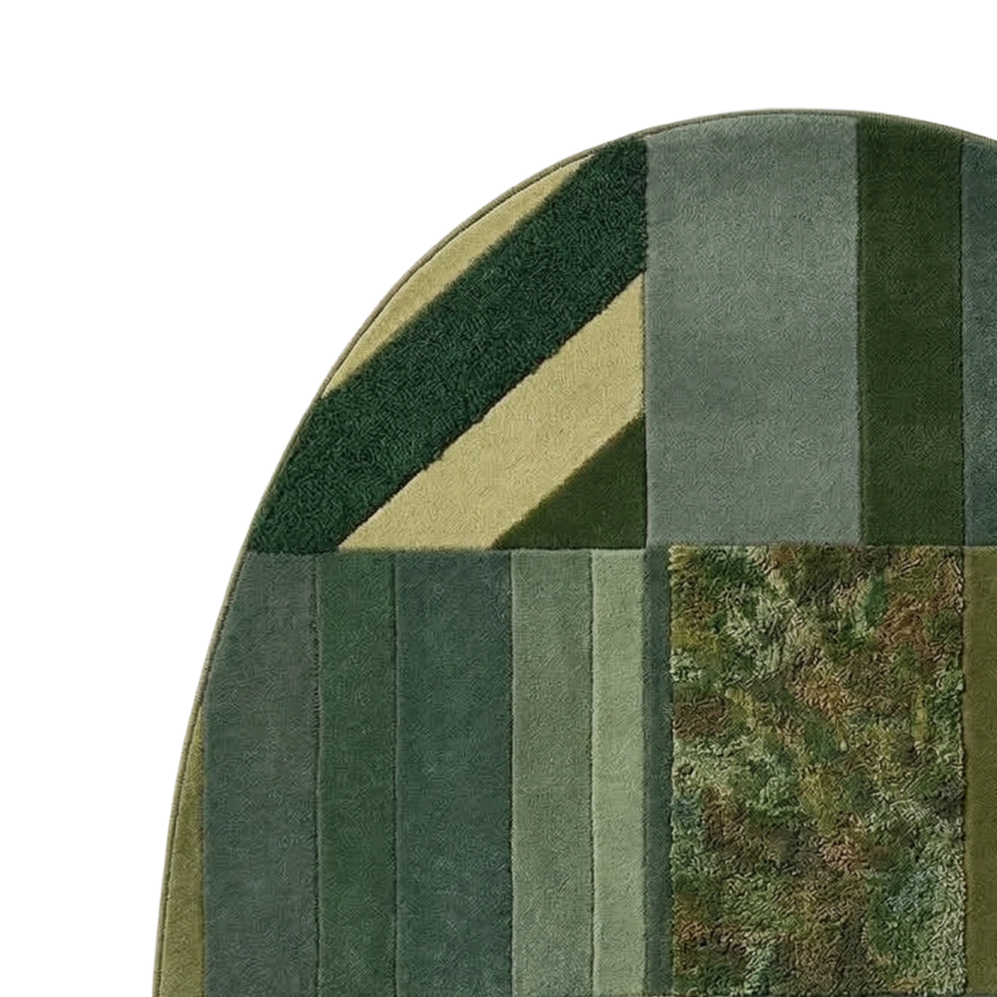 Contemporary patchwork rug with forest green, sage, and olive geometric patterns