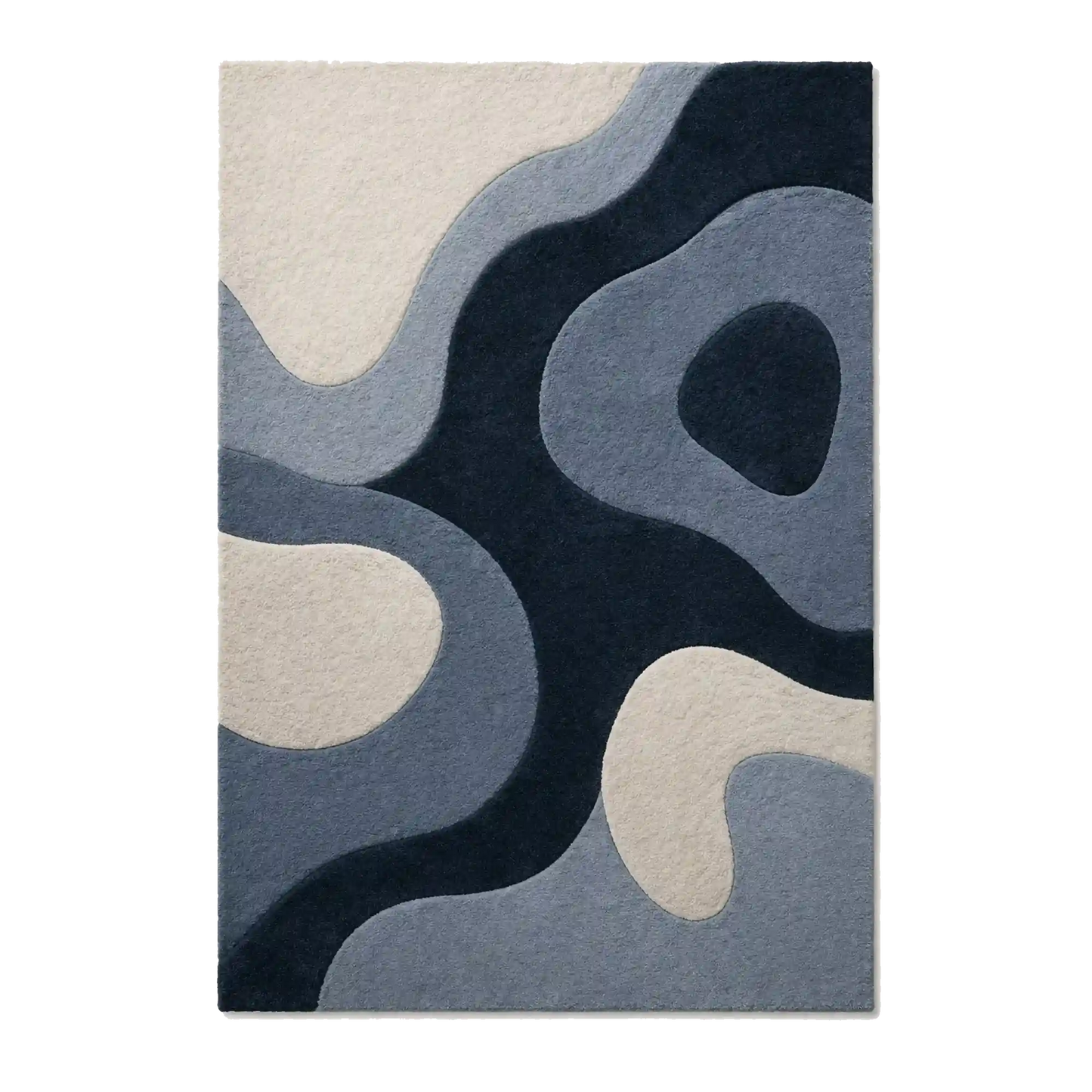 An abstract area rug featuring organic, flowing shapes in navy blue, slate blue, and cream, shown flat against a white background.