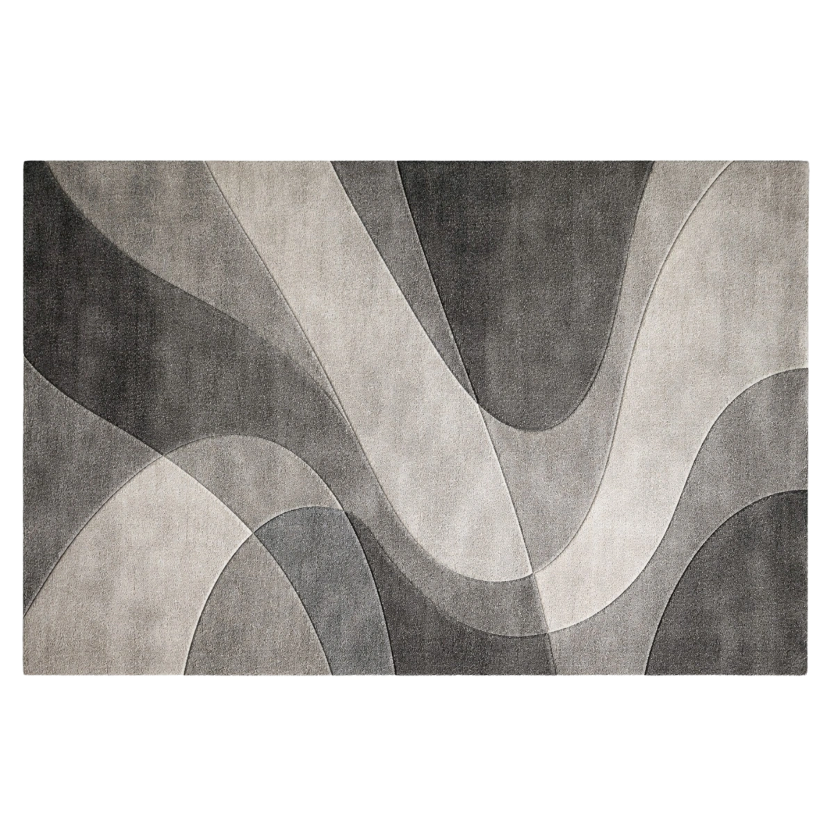 A rectangular area rug with an abstract wavy pattern in shades of gray, charcoal, and light gray, shown flat against a white background.