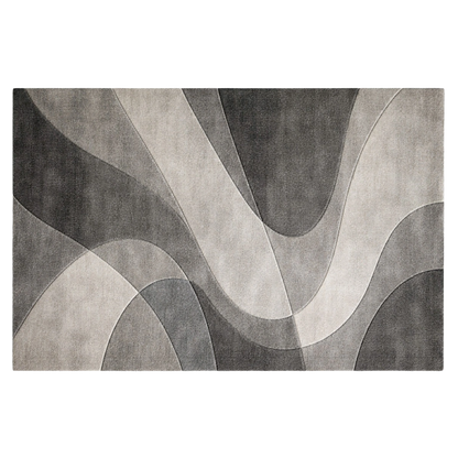 A rectangular area rug with an abstract wavy pattern in shades of gray, charcoal, and light gray, shown flat against a white background.