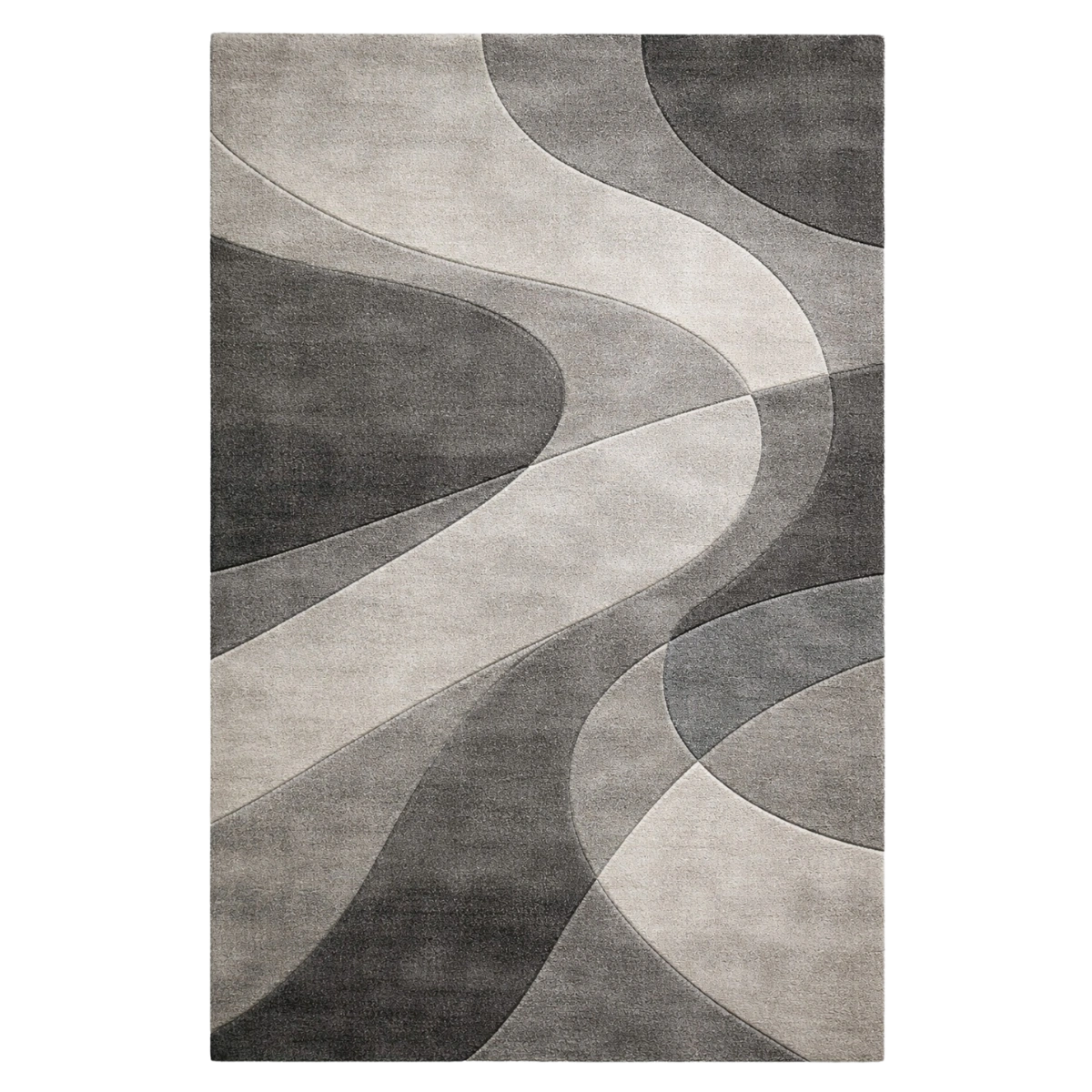 A rectangular area rug with an abstract, flowing wavy pattern in shades of gray, charcoal, and light beige, shown flat against a white background.