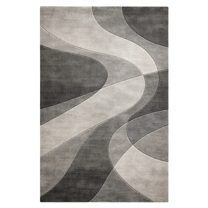 A rectangular area rug with an abstract, flowing wavy pattern in shades of gray, charcoal, and light beige, shown flat against a white background.