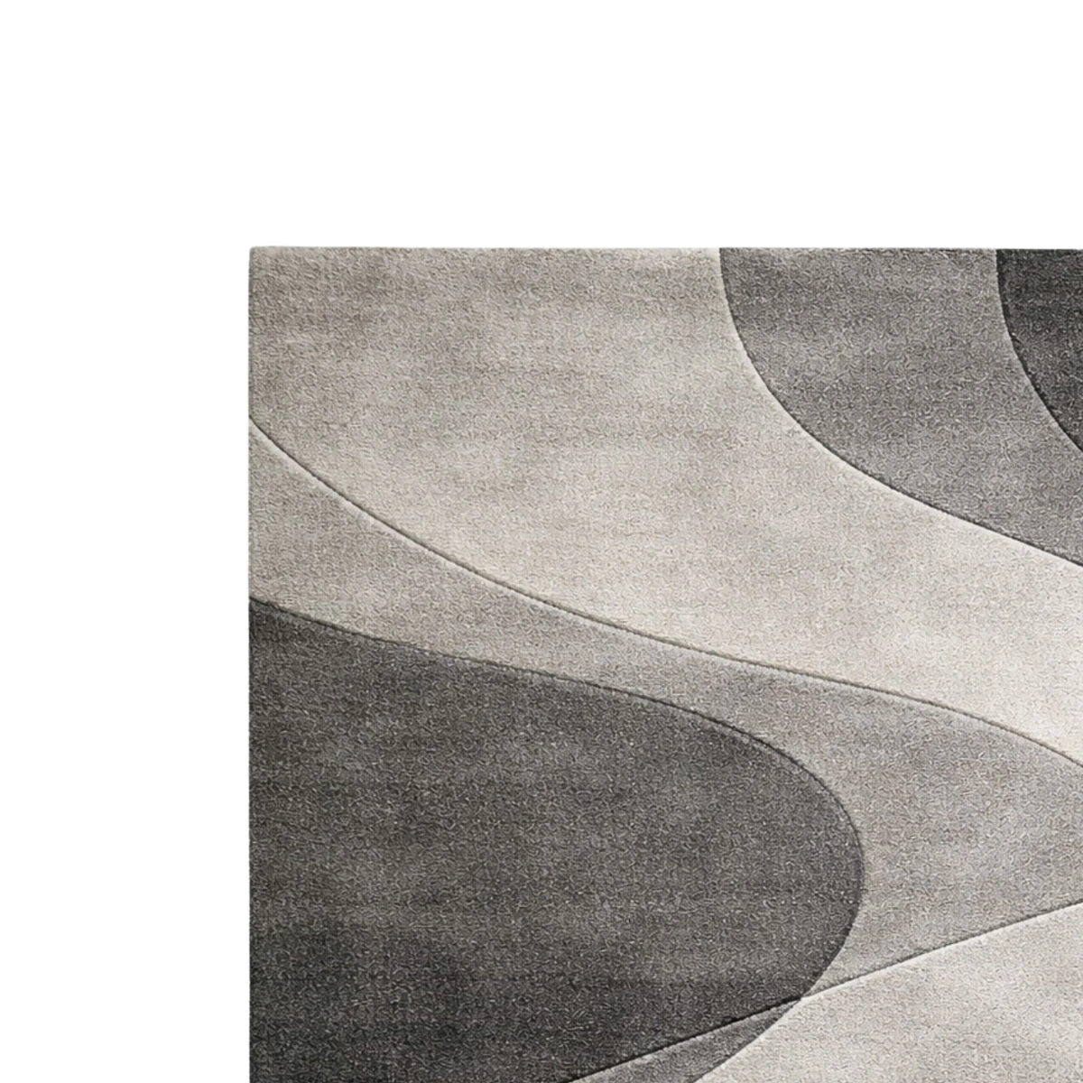 A close-up of a modern abstract area rug with flowing, wavy organic shapes in shades of gray, charcoal, and light taupe on a white background.