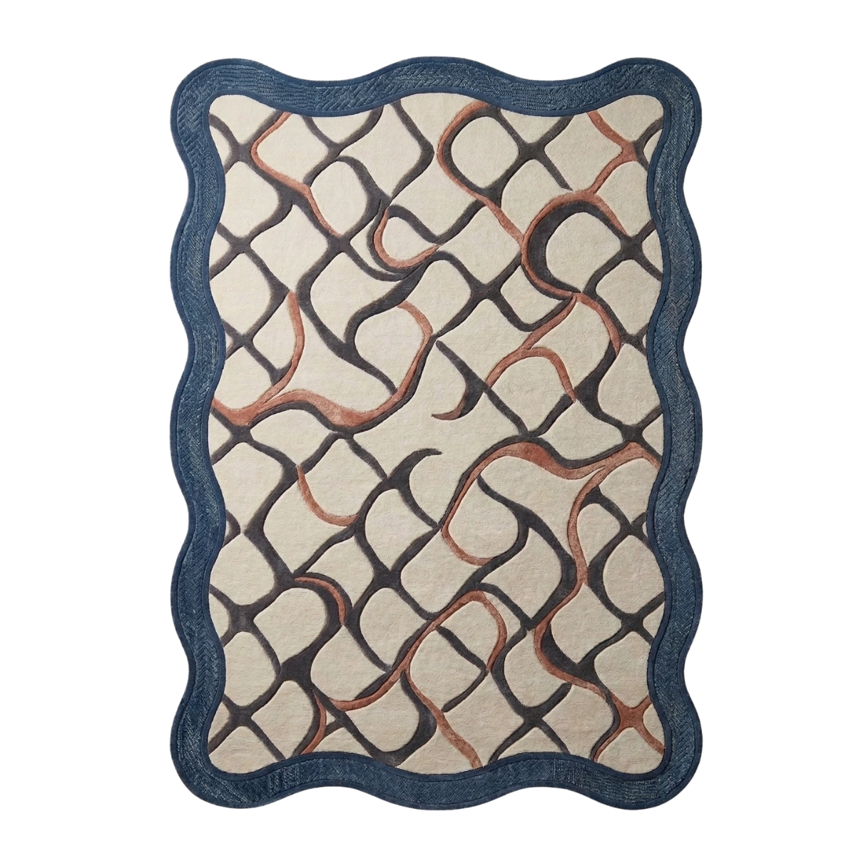 A rectangular area rug with a scalloped wavy border, featuring an abstract interlocking geometric pattern in dark charcoal and warm terracotta on a cream background.