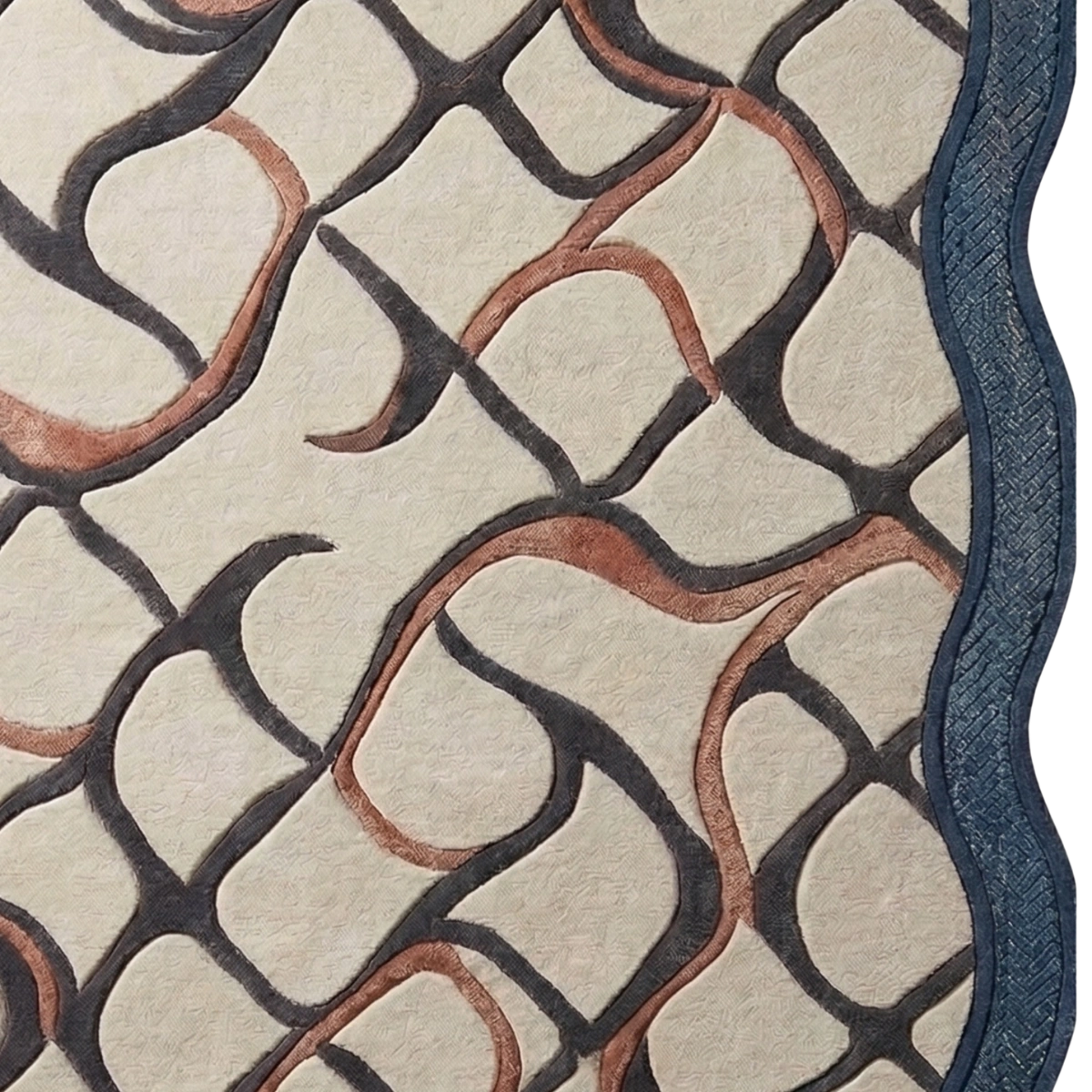 Close-up of a patterned rug or textile with an abstract interlocking curved design in dark charcoal, warm terracotta, and a blue border on a cream background.