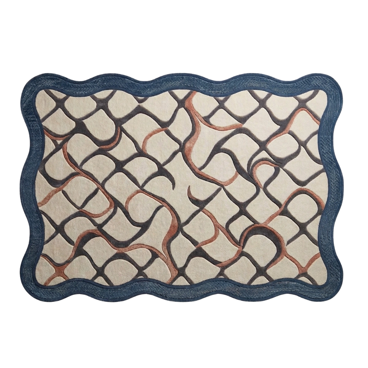 A rectangular mat with scalloped edges, featuring a cream background with an abstract dark brown and reddish-brown wavy pattern and a thick navy blue border.