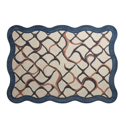 A rectangular mat with scalloped edges, featuring a cream background with an abstract dark brown and reddish-brown wavy pattern and a thick navy blue border.