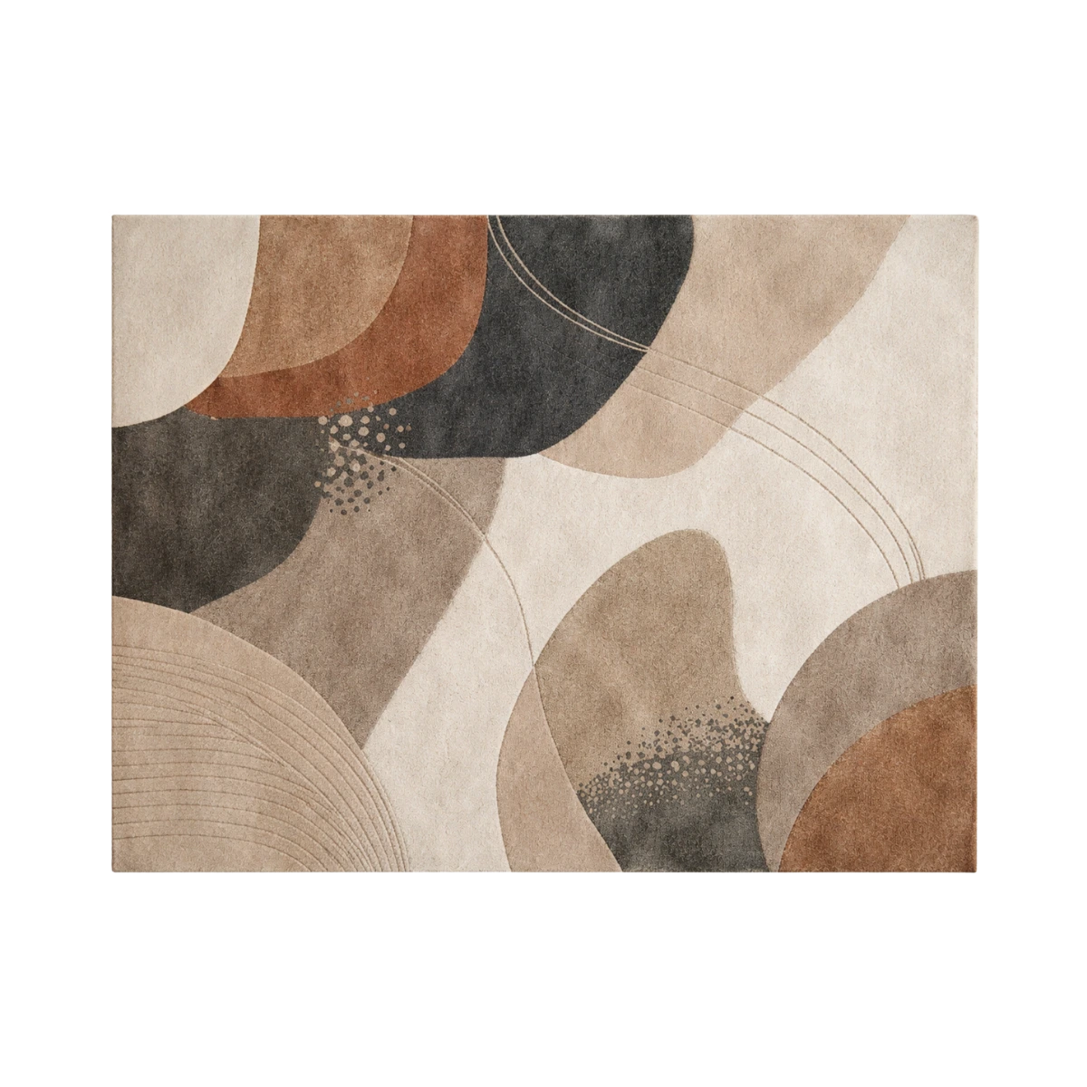 An abstract area rug featuring organic, flowing shapes in beige, brown, charcoal gray, and cream, with fine curved line details and dotted textures.