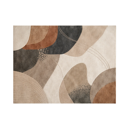 An abstract area rug featuring organic, flowing shapes in beige, brown, charcoal gray, and cream, with fine curved line details and dotted textures.