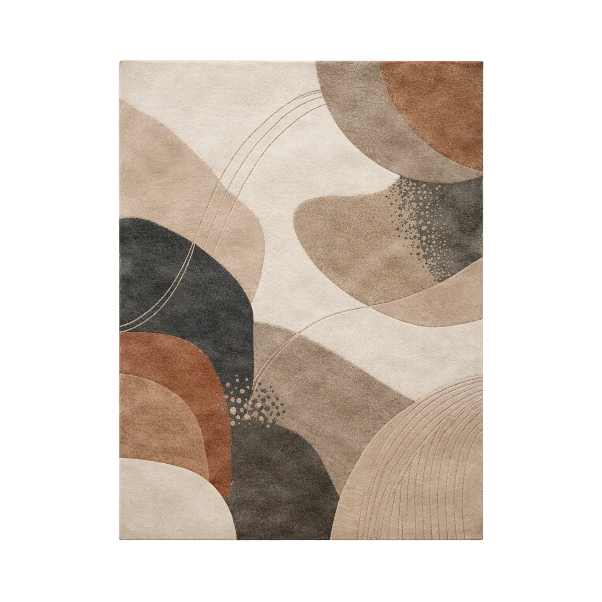 An abstract area rug featuring organic, flowing shapes in beige, brown, charcoal gray, and rust orange, presented on a clean white background.