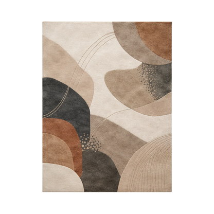 An abstract area rug featuring organic, flowing shapes in beige, brown, charcoal gray, and rust orange, presented on a clean white background.