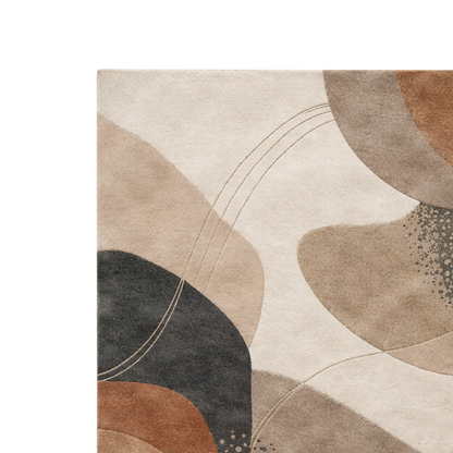 Abstract area rug with organic flowing shapes in beige, taupe, brown, charcoal, and cream, shown as a close-up detail shot on a white background.