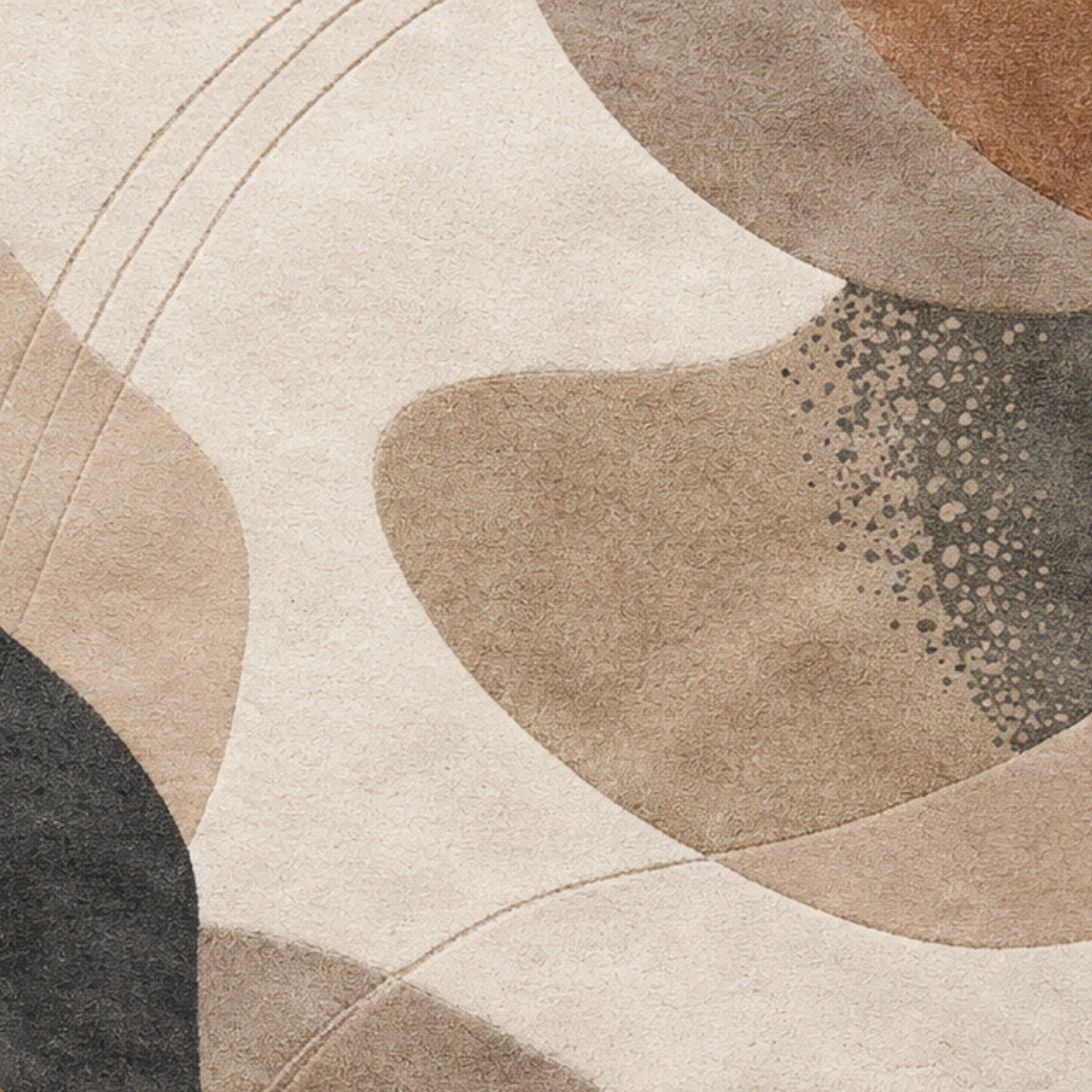 Abstract area rug with organic flowing shapes in beige, taupe, cream, brown, and charcoal gray, featuring a textured pile and fine stitched detailing.