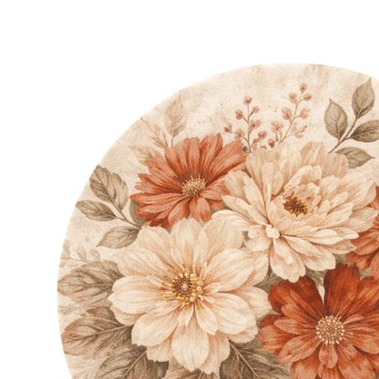 A close-up of a round rug or textile featuring a vintage floral pattern with large cream, peach, and rust flowers on a warm beige background.