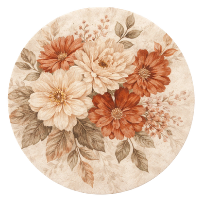 A round area rug featuring a vintage floral pattern with large dahlia-like flowers in rust orange, cream, and muted taupe on a light beige background.