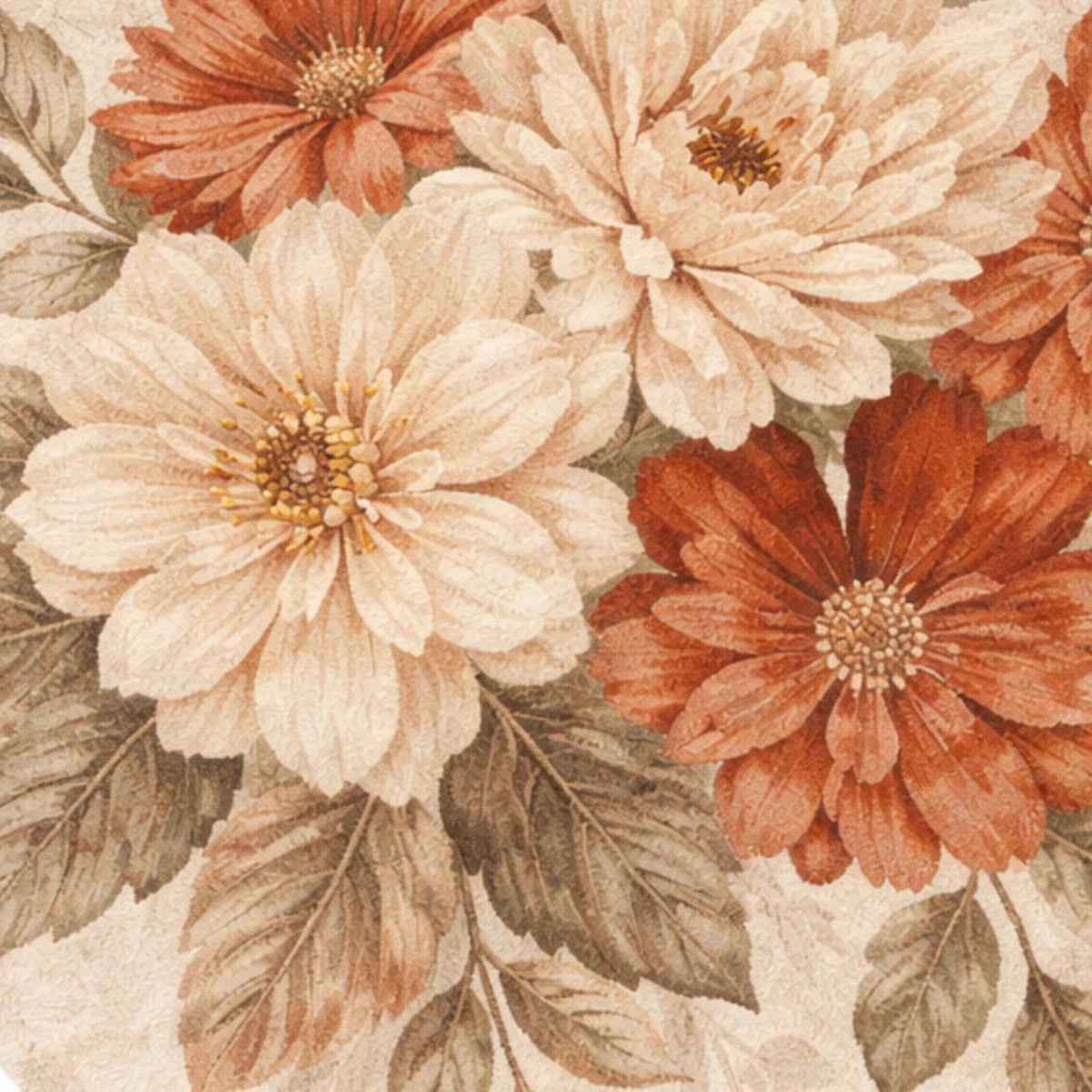 A close-up of a floral pattern featuring large cream and rust-orange flowers with muted brown leaves on a light beige background.