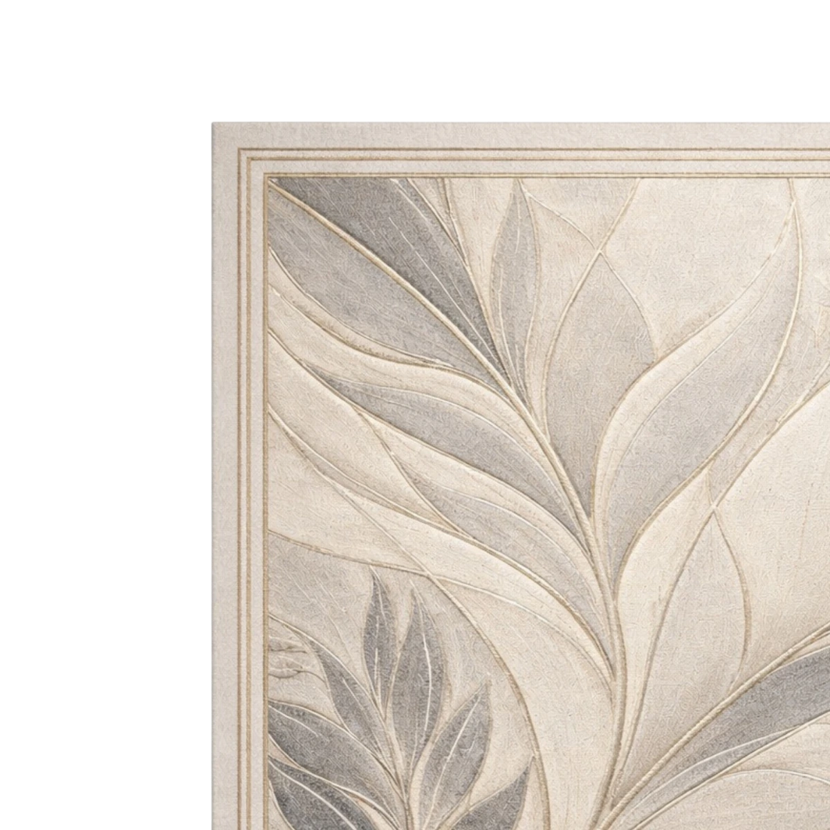 Close-up of a decorative wall panel or tile featuring a raised leaf pattern in warm beige, cream, and gray tones, with a thin border visible on the left and bottom edges against a white background.