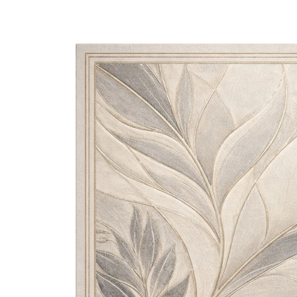 Close-up of a decorative wall panel or tile featuring a raised leaf pattern in warm beige, cream, and gray tones, with a thin border visible on the left and bottom edges against a white background.