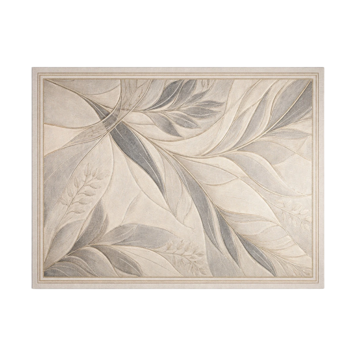 A rectangular framed wall art piece featuring an abstract botanical leaf pattern in soft beige, gray, and off-white tones, shown against a plain white background.