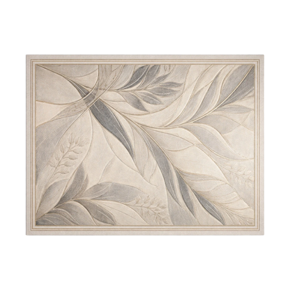 A rectangular framed wall art piece featuring an abstract botanical leaf pattern in soft beige, gray, and off-white tones, shown against a plain white background.