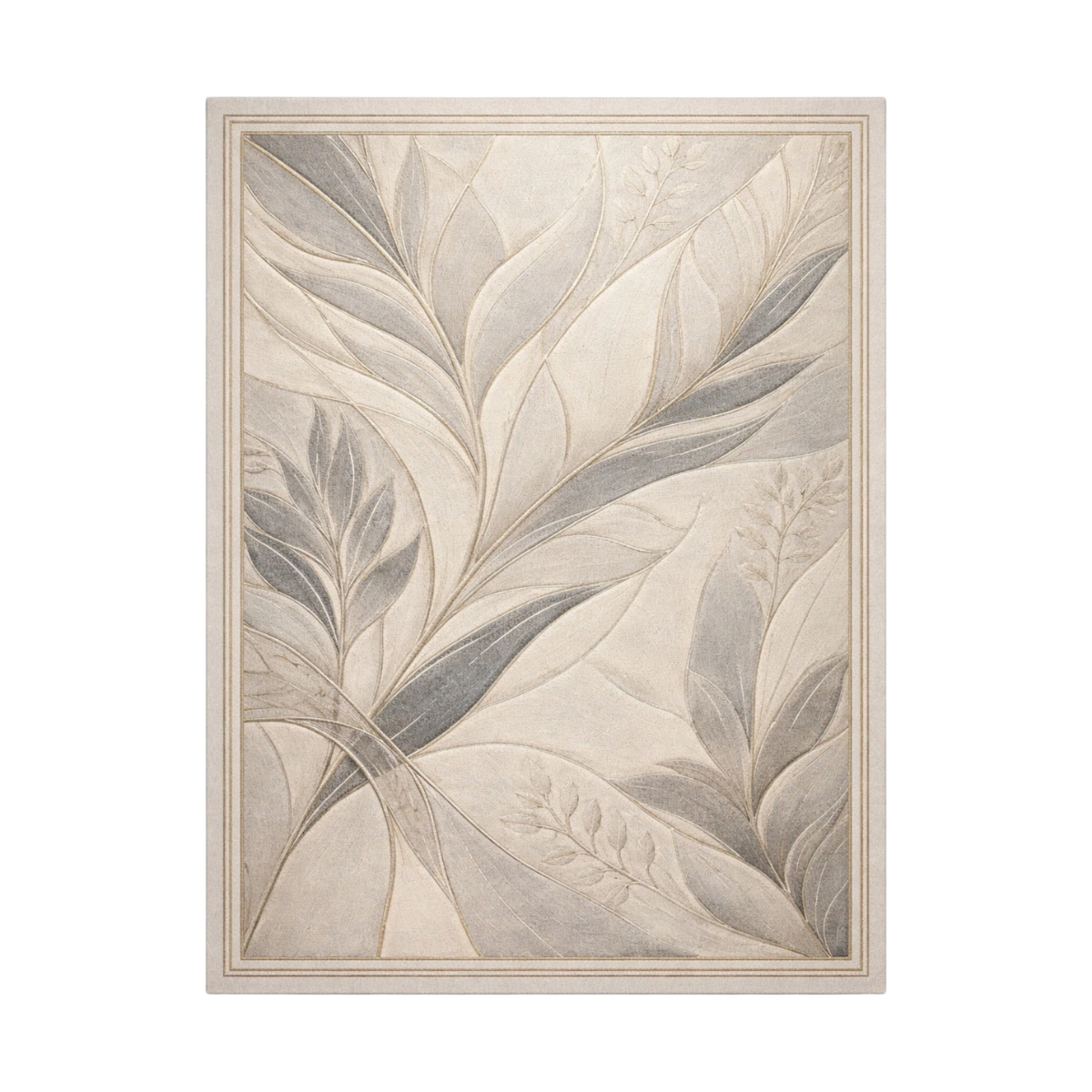 A framed botanical art print featuring layered, elegant leaves in soft neutral tones of beige, gray, and cream, set against a solid white background.
